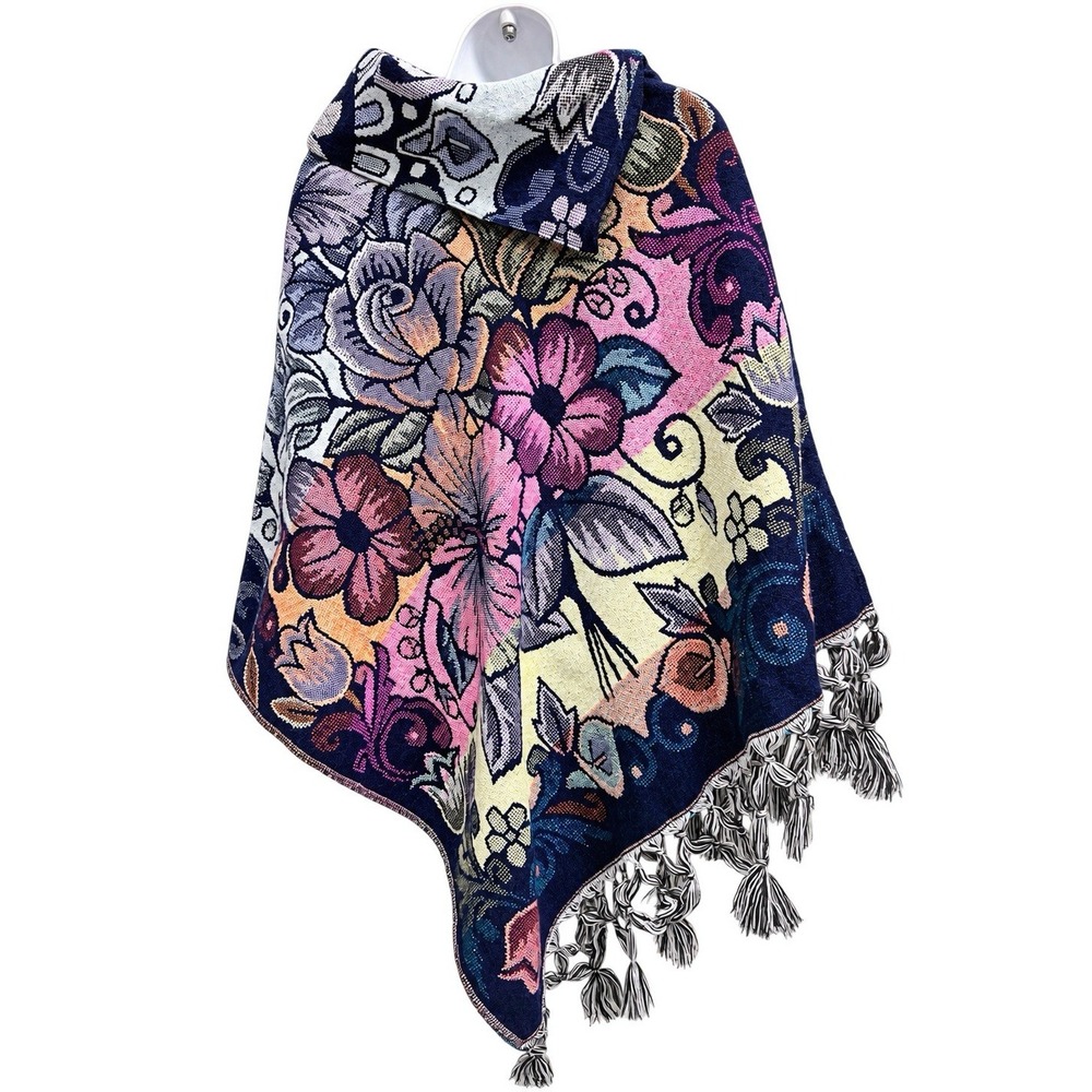 Womens Floral Poncho One Size Multicolor Fringe Tapestry Wrap Boho